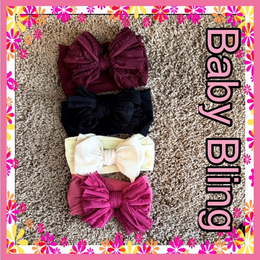 BABY BLING Stylish Kids Bow Headband Set 4 ~Black, Cream, Pink, Burgundy